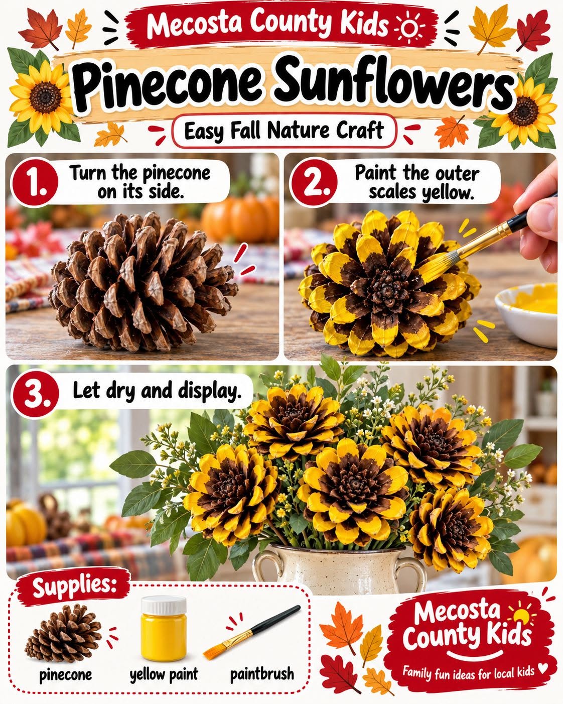 How to make Pinecone Sunflowers with a pinecone, yellow paint and a paintbrush