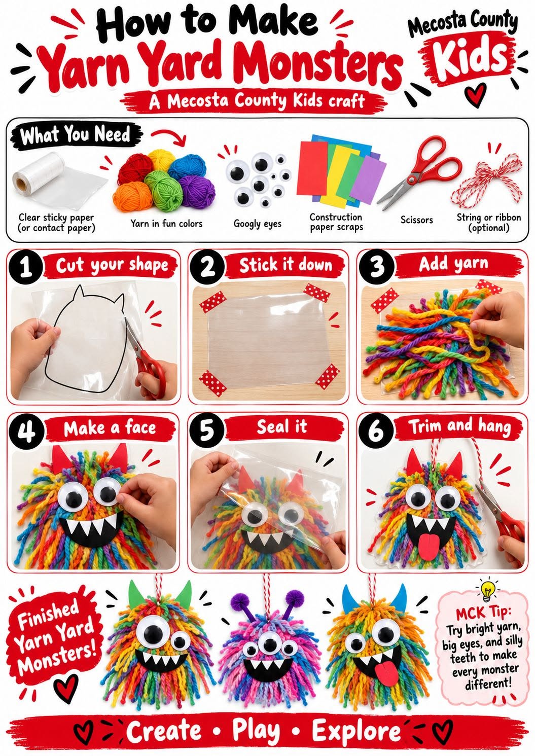 How to make Yarn Yard Monsters step-by-step with clear sticky paper, colorful yarn and googly eyes